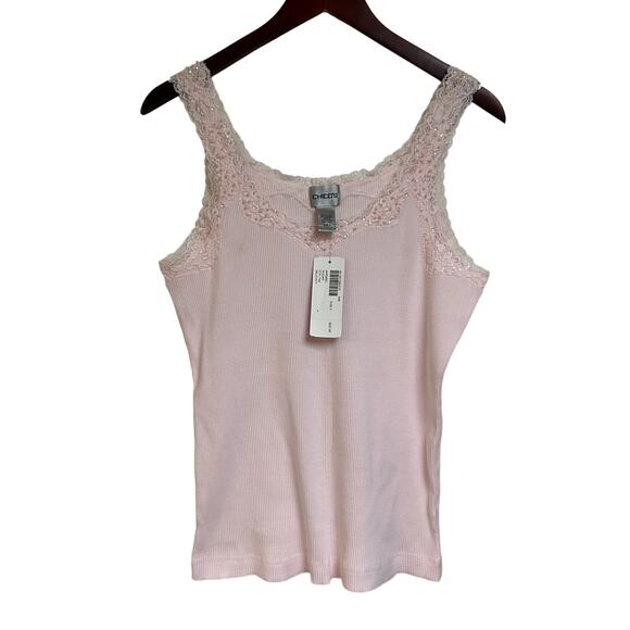 Y2K Dead Stock Chico's Baby Pink Lace Tank Top Sequence Pearl Stretchy Size 2 ++ - Picture 1 of 9